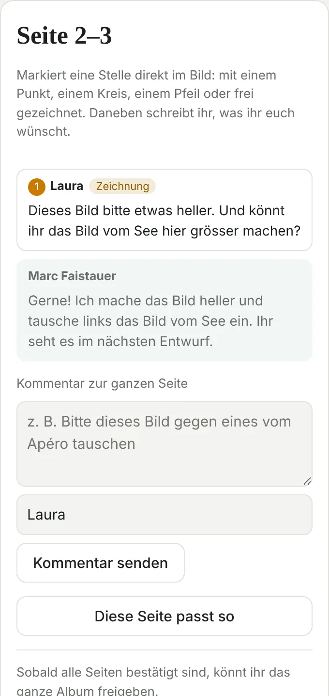 Kommentar des Brautpaars mit Antwort des Fotografen