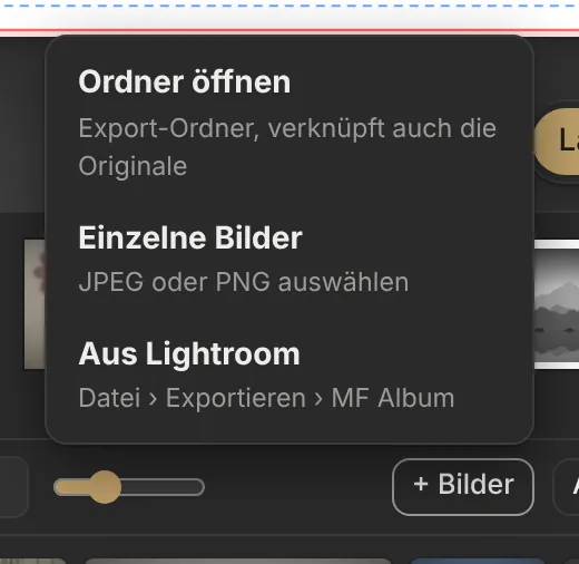 Menü «+ Bilder» mit drei Möglichkeiten
