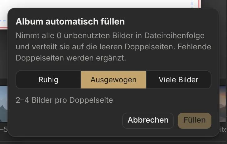 Fenster «Album automatisch füllen»