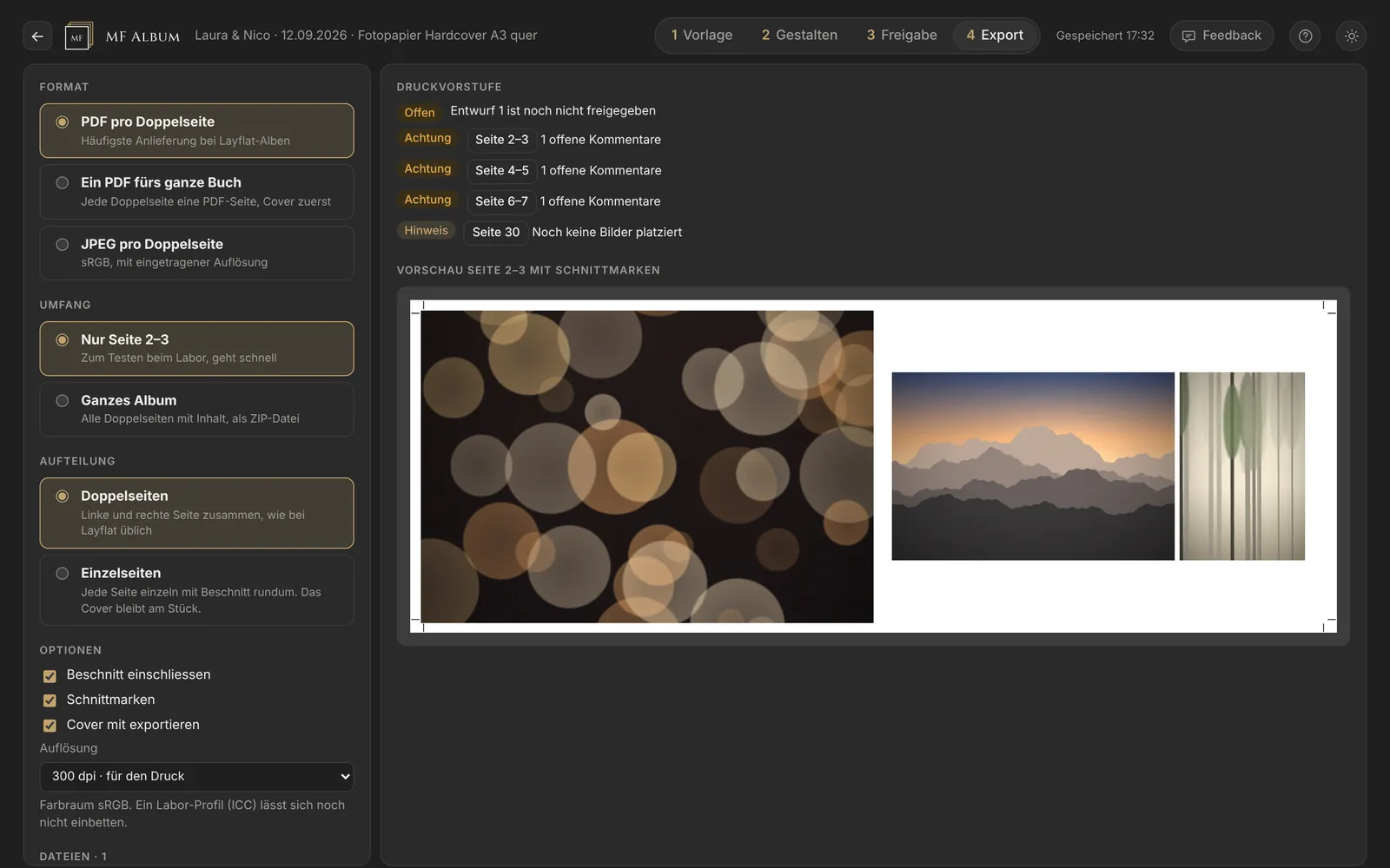 Export mit Formaten, Druckvorstufe und Vorschau