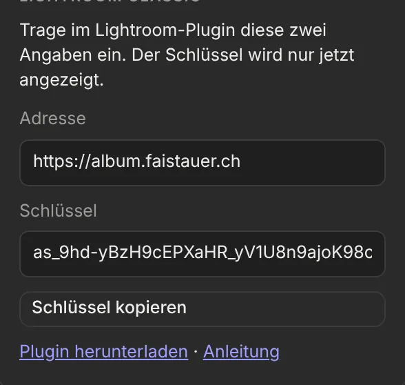 Adresse und Schlüssel für das Lightroom-Plugin